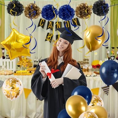 Graduation Decorations Class of 2025, Navy Blue Gold Graduation Decor Set with Congrats Grad Banner, Foil Balloons, Paper Pompoms, Hanging Swirls for 2025 High School & College Grad Party Supplies - Image 7