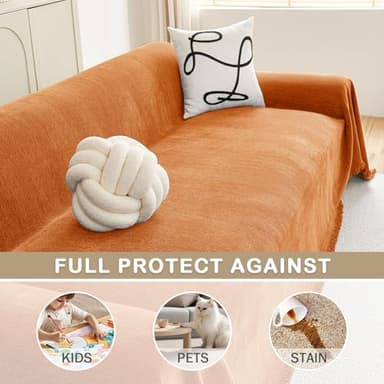 hyha Couch Cover for Dogs, Boho Sofa Covers for 3 Cushion Couch Washable, Chenille Sofa Slipcover for Pets, Soft Loveseat Sectional Couch Throw Blankets with Tassels (Orange, 88.5x150 Inch) - Image 3