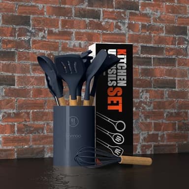 Silicone Cooking Utensils Set - 446°F Heat Resistant Silicone Kitchen Utensils for Cooking,Kitchen Utensil Spatula Set w Wooden Handles and Holder, BPA FREE Gadgets for Non-Stick Cookware (Navy Blue - Image 6