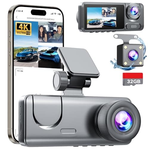 3 Channel Dash Cam Front and Rear Inside, Bulit a 32GB Card, Dash Camera for Cars,4K Full HD 2.0'' IPS Screen Dashcam with G-Sensor, IR Night Vision, WDR, Loop Recording, 24H Parking Mode - Image 1