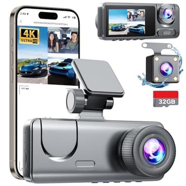 3 Channel Dash Cam Front and Rear Inside, Bulit a 32GB Card, Dash Camera for Cars,4K Full HD 2.0'' IPS Screen Dashcam with G-Sensor, IR Night Vision, WDR, Loop Recording, 24H Parking Mode - Image 1