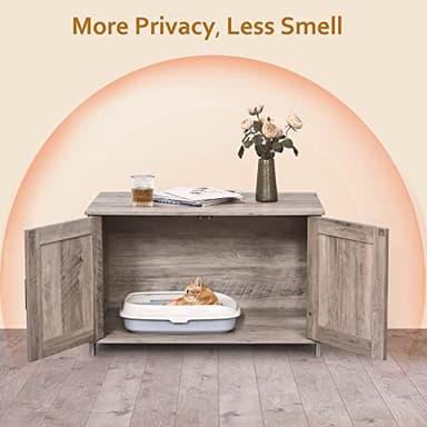Homhedy Cat Litter Box Enclosure, Wooden Cat Washroom Furniture with Barn Door, Pet House, Fit Most of Litter Box, Greige - Image 2
