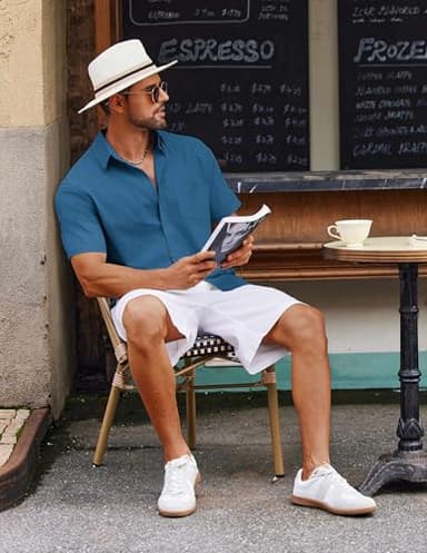 COOFANDY Shirt for Men Short Sleeve Button Down Shirt Linen Shirt with Pocket Sea Blue - Image 4