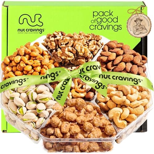 NUT CRAVINGS - Thanksgiving Mixed Nuts Gift Basket + Green Ribbon (7 Assortments, 1 LB) Holiday Xmas Christmas Food Arrangement, Healthy Snack Care Package, Food Assortments - Image 1