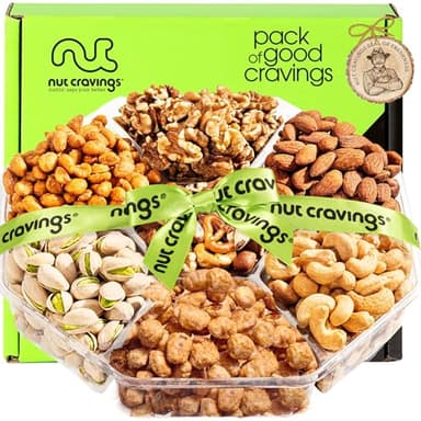 NUT CRAVINGS - Thanksgiving Mixed Nuts Gift Basket + Green Ribbon (7 Assortments, 1 LB) Holiday Xmas Christmas Food Arrangement, Healthy Snack Care Package, Food Assortments - Image 1