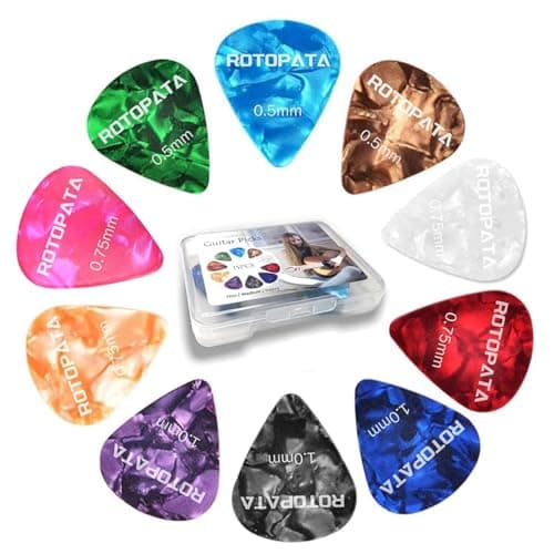 15 Pack Guitar Picks Plectrums with Organizer Storage Box, 0.5 0.75 1.0 mm Includes Thin Medium Heavy Thickness, Variety Colorful Celluloid Plectrums for Bass Electric Acoustic Guitars Ukulele - Image 1