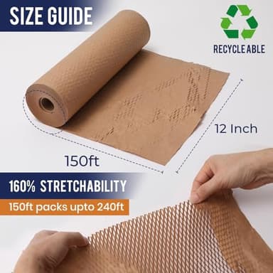 Honeycomb Packing Paper 12" x 150ft with Rope & 20 Fragile Stickers|Shipping & Moving Supplies|Small Business Packaging Supplies|Eco Friendly Bubble Wrap Packing Boxes for Moving Certified FSC C204227 - Image 2