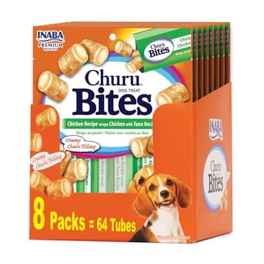 INABA Churu Bites for Dogs, Soft & Chewy Dog Treats, 0.42 Ounces Each Tube, 64 Tubes Total (8 Tubes per Pack), Chicken with Tuna Recipe - Image 1