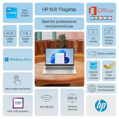 HP 2025 Business 15.6" HD Touch Laptop, 6-Core Intel i3 Processor (Upto 4.4GHz), 64GB RAM, 2.5TB Storage (2TB SSD + 500GB Ext), Long Battery, MarxsolAccessory, Lifetime Microsoft Office, Win 11 Pro - Image 2