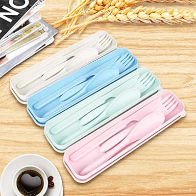 Reusable Travel Utensils Set with Case, 4 Sets Wheat Straw Portable Knife Fork Spoons Tableware, Eco-Friendly BPA Free Cutlery for Kids Adults Picnic Camping Utensils(Green, Beige, Pink, Blue) - Image 7
