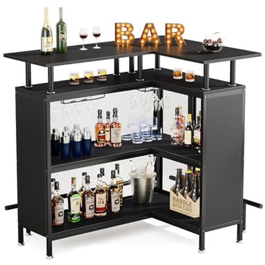 Tribesigns Home Bar Unit, L-Shaped Bar Table with Stemware Racks and 2-Tier Shelves, Corner Mini Coffee Liquor Cabinet with Footrest for Home/Kitchen/Pub, Black - Image 8