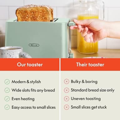 BELLA 2 Slice Toaster with Auto Shut Off - Extra Wide Slots & Removable Crumb Tray and Cancel, Defrost & Reheat Function - Toast Bread, Bagel & Waffle, Sage - Image 5