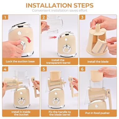 SUSTEAS Rotary Cheese Grater with Handle, Vegetable Slicer, 6 Interchangeable Blades, Reinforced Suction, Easy to Clean, Kitchen Shredder for Crushed Ice, Fruits, Nuts with Blade Storage Case, Beige - Image 4