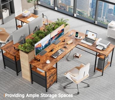 Furologee 66” L Shaped Desk with Power Outlet, Reversible Computer Gaming Desk with File Drawer & 2 Monitor Stands for Home Office with Storage Shelves, Rustic Brown - Image 8