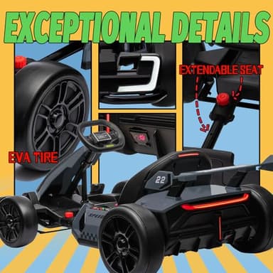 KerryYoo K61 Go Kart Electric Drift Kart with Length Adjustable Seat, 24V Outdoor Ride on Toy with 4 Speed Mode, Crazy Cart for Kids 6-12 Years Old, Fast 300W Motor, 8.5 MPH, Bluetooth - Gray - Image 4