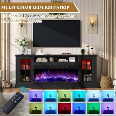 AMERLIFE 75in 3-Sided Glass Fireplace TV Stand with LED Lights for TVs up to 85", Rustic Fireplace Media Entertainment Center Console Cabinet Table with Glass Door Closed Storage, Black - Image 4