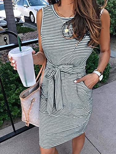 MEROKEETY Womens 2025 Summer Sleeveless Striped T Shirt Dress Casual Crew Neck Tie Waist Mini Dresses - Image 2