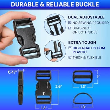 TECEUM Buckles & Strap Kit – 1" Black Nylon Webbing 6 (yd) – 6 Heavy Duty Adjustable Plastic Buckles – 12 Tri-Glide Slide Clips – 6 Metal D-Ring – Ideal Straps for Arts Crafts Outdoors Indoors DIY - Image 4