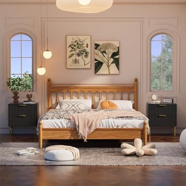 HQZX Black Nightstand Set of 2 with Charging Station, Fluted Nightstand with Drawers, Modern Bedside Table with Gold Legs, End Table for Bedroom - Image 7