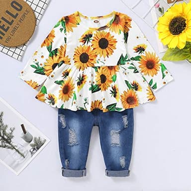 CARETOO Girls Clothes Outfits, Cute Baby Girl Floral Long Sleeve Pant Set Flower Ruffle Top - Image 2