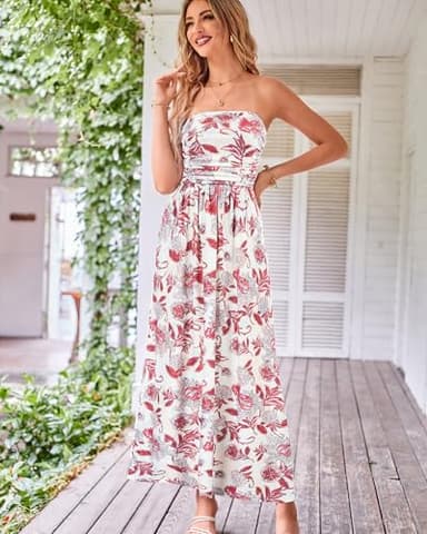 GRACE KARIN Women Strapless Casual Loose Ruched Long Maxi Dress with Pockets Floral Pink - Image 2
