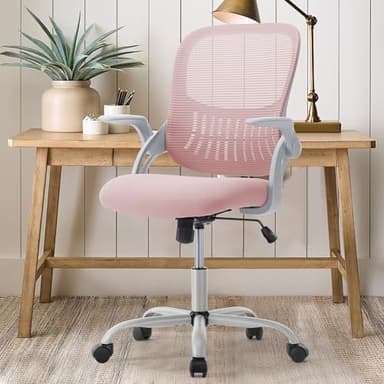 SMUG Computer Desk Chair - Ergonomic Mid-Back Mesh Rolling Swivel Task Chair with Wheels, Comfy Lumbar Support with Flip-up Arms, for Home, Gaming, Study, Student, Pink - Image 9
