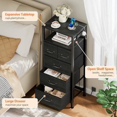 Furnulem Dresser for Bedroom, Tall Nightstand, Vertical Chest with Wood Top, Charging Station, LED Lights, 5 Fabric Bins, Bedside Table with Shelf, Furniture for Entryway (5 Drawer, Black Oak) - Image 5
