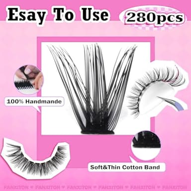 FANXITON DIY Lash Extension Kit Volume Lash Clusters 40D+50D D Curvature Individual Lashes Lash Clusters Kit Thick Eyelash Extension Kit 280 pcs Thin Band Cluster Lashes Lash Bond and Seal Tweezers - Image 4