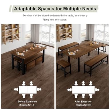 Feonase 5-Piece Dining Table Set for 4-8 People, 63" Extendable Kitchen Table with 2 Benches and 2 Square Stools, Mid-Century Modern Wooden Dining Room Table, Space-Saving, Walnut - Image 4