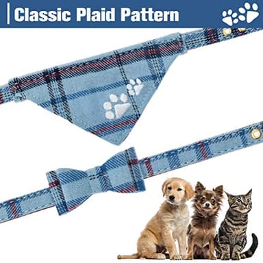 EXPAWLORER Dog Collar and Leash Set - Pawprint Plaid Collar with Bow Tie and Bell, Cute for Dogs and Cats, Blue S-M - Image 4