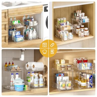 Delamu 2-Tier Under Sink Organizers and Storage, Multi-Purpose Stackable Bathroom Cabinet organizers, Pull Out Kitchen Pantry Organization and Storage with Dividers(4 Pack, Clear) - Image 5