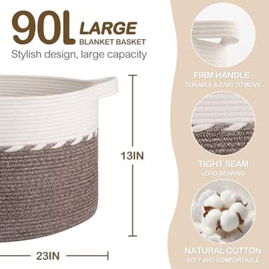OIAHOMY 90L Blanket Basket for Living Room, Large Basket 23" x 23" x 13" with Handle, Laundry Hamper for Blankets, Pillows, Toy Storage for Kids, Dogs - Brown & White - Image 2