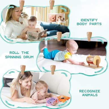 WOODMAM Montessori Toys for Babies 0-6 Months, 9 in 1 Learning Educational Sensory Toys for Newborn 0-3-6 Months, Includes High Contrast Cards, Baby Tissue Box Toy, Spinning Drum, Teether and More - Image 5