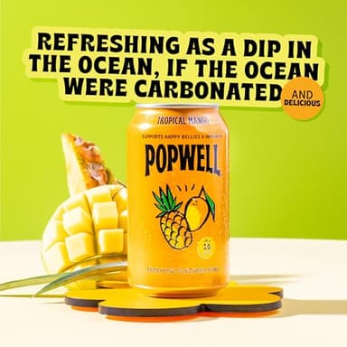 Popwell Tropical Mango Better-For-You Prebiotic Soda, with 6g Fiber, 1g Sugar, Vitamins and Immunity Support, 12 fl oz Cans (pack of 12) - Image 2