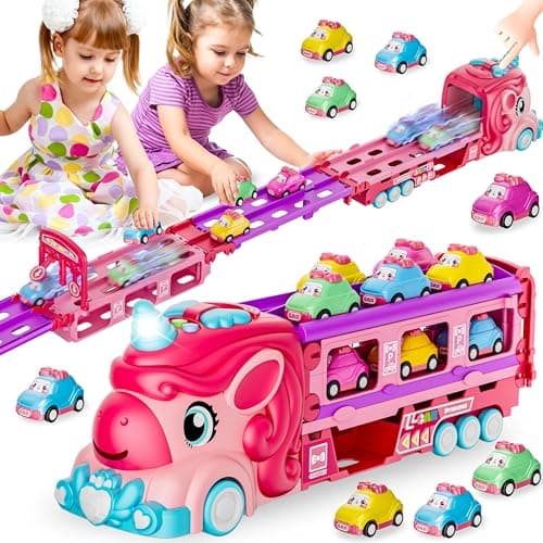 Funwee Unicorn Car Toys for 2 3 4 5 6 7 Year Old Toddler Girls,Princess Carrier Truck with Sound & Lights,2 Player Race Mode Foldable Track Pink Car Toys,Birthday Gift Idea for Kids - Image 1