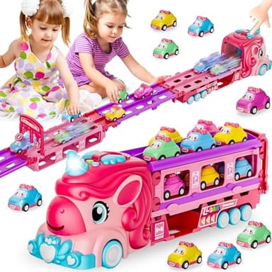 Funwee Unicorn Car Toys for 2 3 4 5 6 7 Year Old Toddler Girls,Princess Carrier Truck with Sound & Lights,2 Player Race Mode Foldable Track Pink Car Toys,Birthday Gift Idea for Kids - Image 1