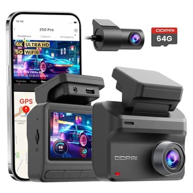 DDPAI Dash Cam Front and Rear, 4K+1080P Car On-Dash Mounted Cameras, Dashcam Included 64GB Card, Built-in 5G WiFi 6, GPS, 3'' IPS, AI ISP Night Vision, 48H Parking Mode, Loop Recording, ADAS, Z50 Pro - Image 1