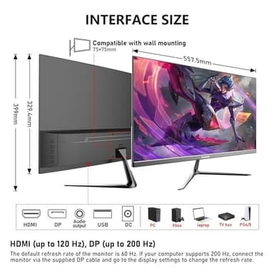 Gawfolk 24.5 Inch PC 200Hz Gaming Monitor, FHD 1080p screen, Built-in speakers,1ms without Bezel, freesync, 99% sRGB, 178 ° Angle View, HDMI、DisplayPort, Compatible with wall mounting 75*75MM - Black - Image 7