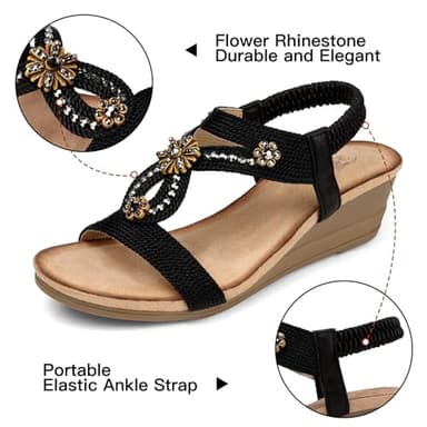SHIBEVER Black Wedge Sandals for Women Dressy Summer Comfortable Rhinestone Sandals Open Toe Ankle Strap Dress Shoes Low Heel Size 9 - Image 4