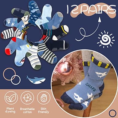 ANTSANG Baby Boys Grips Socks Kids Toddlers Infants Non Slip/Anti Skid Crew Cotton Socks 12 Pairs (Boy's-Shark(12 Pairs),3-5 Y) - Image 5