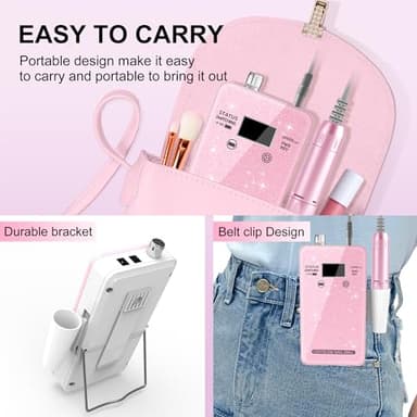 Professional Electric Nail Drill File:COSYGLOW Glitter Portable Cordless E-File Nail Drill Kit with 11 Drill Bits,30000 RPM Rechargeable Nail Drills Machine for Acrylic Nails Gel Polishing (Pink) - Image 5