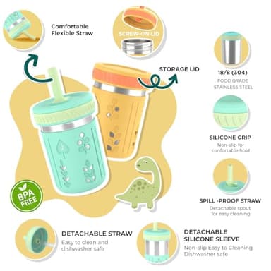 Tronco [4 Pack] 10 oz 2-in-1 Stainless Steel Kids Tumbler Cups with Silicone Sleeves, Spill-Resistant Flexible Straws & Storage Lids, BPA-Free Smoothie and Snack Cups, Dishwasher Safe - Image 2