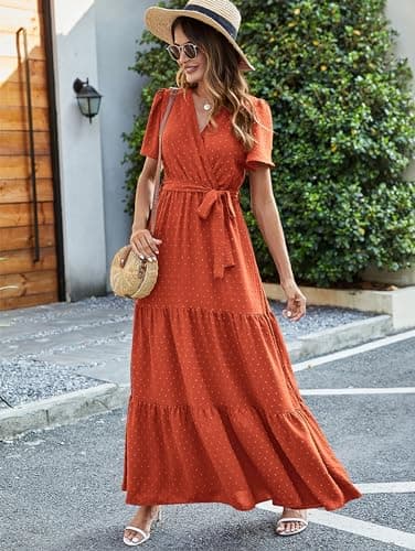 MASCOMODA Women Boho Swiss Dot Maxi Dresses Wrap V Neck Flutter Short Sleeve Solid Tie Waist A Line Tiered Flowy Long Dress(Burnt Orange,X-Large) - Image 3