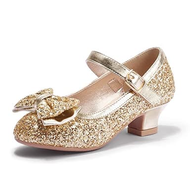 PANDANINJIA Girls Dress Shoes Toddler Heels Ruby Bow Mary Jane Low Heels Flower Girl Party Pumps Wedding Princess Shoes for Toddler/Little Kid/Big Kid (Gold Sequin, 1 M US Little Kid) - Image 1