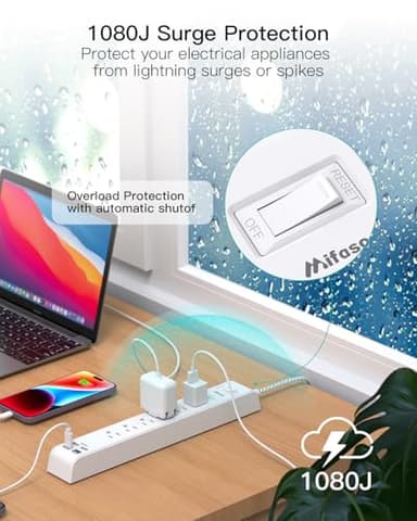 2 Pack Power Strip, 12FT Long Extension Cord, Surge Protector with 6 Outlets and 4 USB Ports (2 USB C), Flat Plug Overload Protection, Extension Cord 10+ ft, Wall Mount for Home Office Dorm College - Image 5