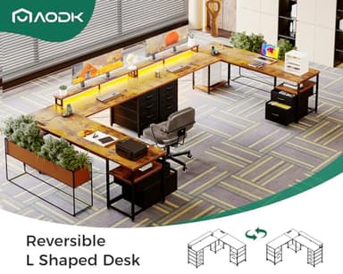 AODK 66" L Shaped Computer Desk, 113“ Reversible Home Office Desk with File Cabinet & 4 Fabric Drawers, Two Person Desk with LED Lights & Power Outlet, Corner Gaming Desk with Monitor Shelf, Vintage - Image 8