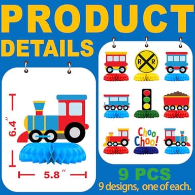 9 Pack Train Table Decorations - Train Party Decorations for Kids' Birthday and Baby Shower - Train Table Toppers - Image 3