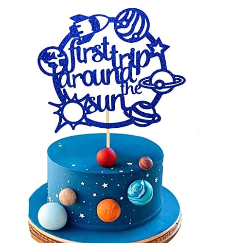 CHANGCAO First Trip Around The Sun Cake Topper Happy Birthday Toppers for Outer Space Theme Party Decorations Baby 1st Birthday, One Year Old Supplies Rocket Galaxy Planet Kids blue flash - Image 1
