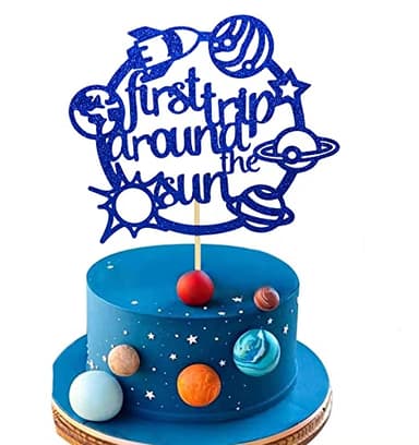 CHANGCAO First Trip Around The Sun Cake Topper Happy Birthday Toppers for Outer Space Theme Party Decorations Baby 1st Birthday, One Year Old Supplies Rocket Galaxy Planet Kids blue flash - Image 1