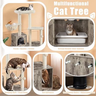 Yaheetech Litter Box Enclosure with Cat Tree, All-in-one Indoor Kitten House w/Scratching Posts, Wooden Cat Litter Box Furniture w/Kitty Condo, Platform, Greige/Beige - Image 4